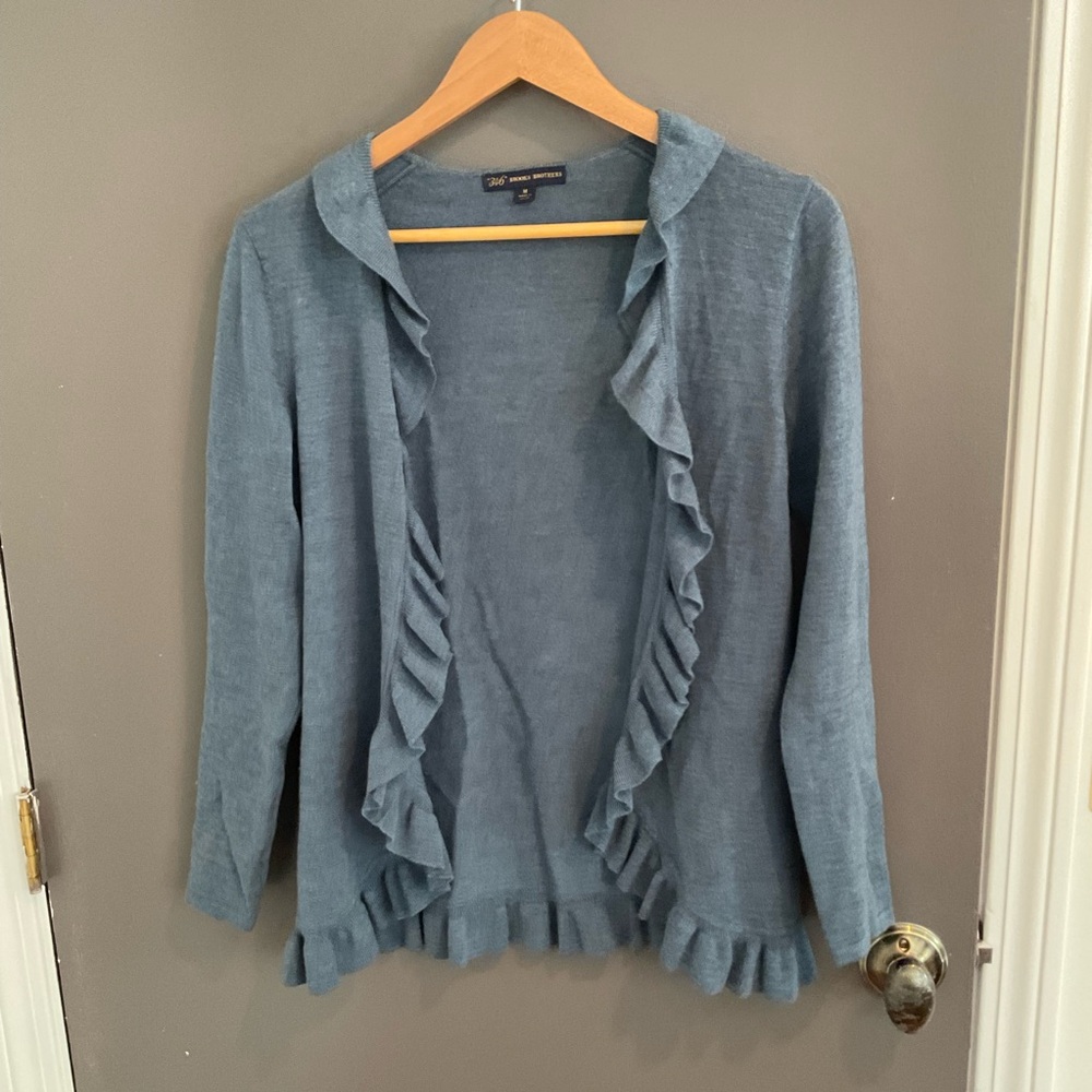 346 Brooks Brothers Merino Blue Ruffle Cardigan